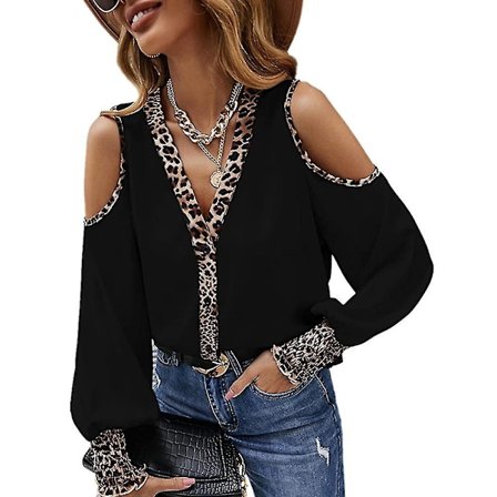 Leopardmønstret Chiffon Bluse med Kald Skulder for Kvinner - Svart - 2XL