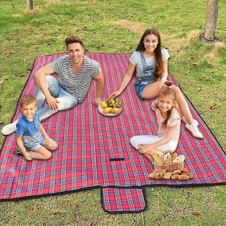 Extra Stor Rutig Picknickfilt med Handtag Vattentät Strand Trädgård Utomhus Tvättbar Picknick Camping Filt 150cm X 200cm (Röd)