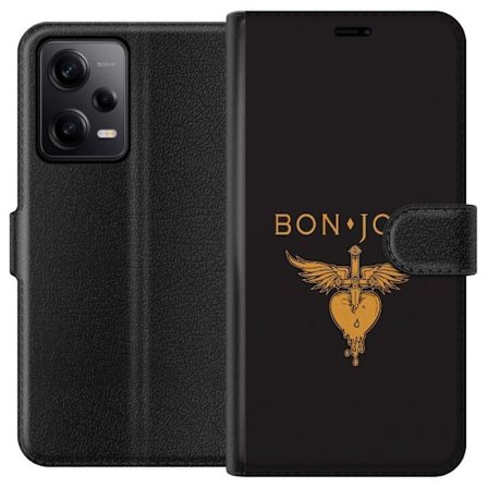 Kompatibelt Plånboksfodral till Xiaomi Xiaomi Redmi Note 12 Pro Ikonisk musikillustration med bevingat hjärta och dolk i guldtoner på mörk bakgrun