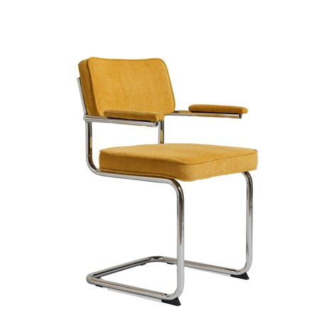 Rupert Spisebordsstol i Fløjl, Gul med Armlæn - 56x53x84cm - Krom Metalben, Koldskum, Blød Polstring, Elegant Design - Max 110 kg - Stabil & Holdbar 