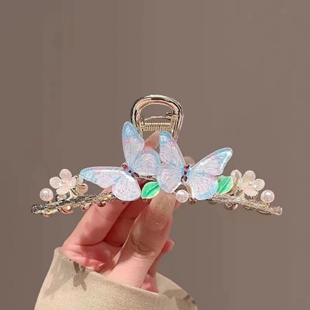 Stora Fjärilsblommor i Vitguld Grön Blomma Ljusgul Hårclips, Roliga Stora Hårclips Stora Metalliska Cartoonblad Färgglada Käkclips