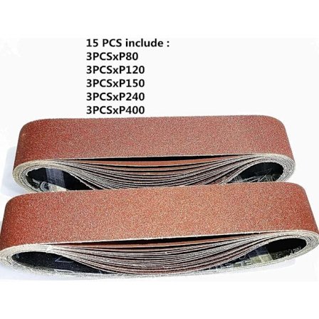 Förpackning med 15 slipband, 50 x 686 mm, Blandade slipband (3x korn 80/120/150/240/400) för bandslipmaskiner, från DEBUNS