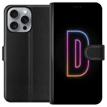 Kompatibel Tegnebogsetui til Apple Apple iPhone 16 Pro Max Minimalistisk neonbogstav D i farveskiftende lys mod sort baggrund i moderne digital design