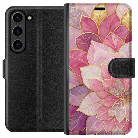 Yhteensopiva Lompakkokotelo Samsung Samsung Galaxy S24 Roosa ja violetti kukkakuvio kultaisilla yksityiskohdilla - Elegantti mandala-inspiroima kuva-a