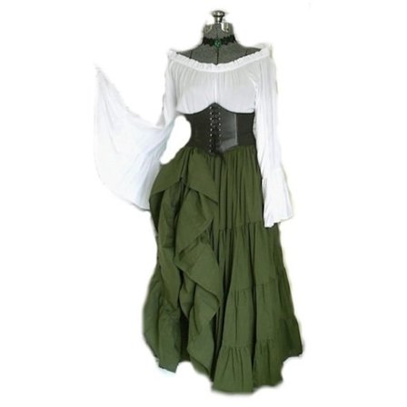 Kvinners renessanse middelalderkostyme med flørtet ermer, korsett, skjørt og overskjørt - Fint antrekk