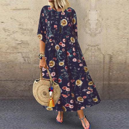 Klänningar Dam Festklänning Blommig Sommar O-hals Vintage Print Ve