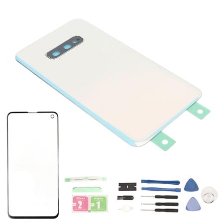 Etu- ja takalasin näytön korjaussarja Galaxy S10e -puhelimeen, jossa valmiiksi asennetut teipit ja korjaustyökalut, valkoinen