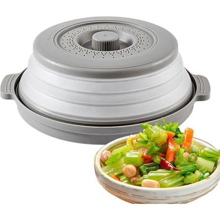 Mikroaaltouunin roiskesuoja tuuletusaukoilla, kokoontaitettava kahvalla ja pohjalla ruoan säilytystä varten.