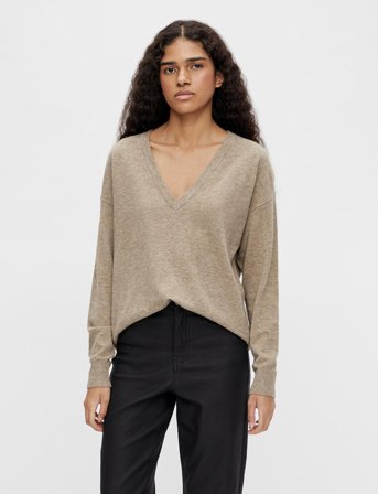 Object Objthess L/S V-Neck Knit Pullover Noos - Beige - XL