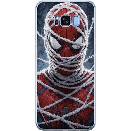 Kompatibel Gennemsigtig cover til Samsung Galaxy S8+ Spider-Man dækket af tætte netlag i et dramatisk nærbillede, der fremhæver maskens struktur o