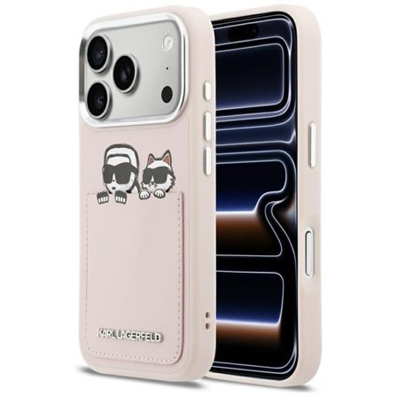 Karl Lagerfeld Karl & Choupette Print & Pocket Case for iPhone 17 Pro - vaaleanpunainen