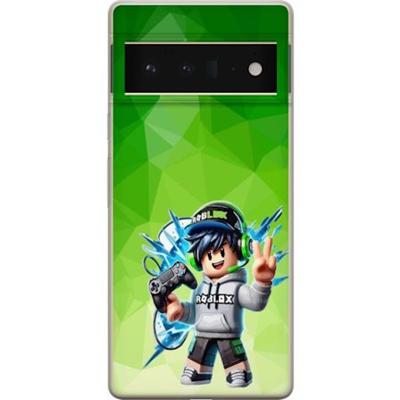 Kompatibelt Mobildeksel til Google Pixel 6 Pro Roblox-inspirert gamerfigur med headset, håndkontroll og energiske effekter mot grønn bakgrunn