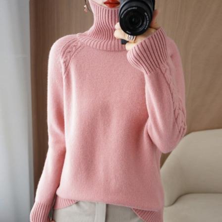 Dam flickor Stickad tröja Turtleneck Enfärgad Inner Wear Shirt Tjock Lös tröja Lotus Pink L