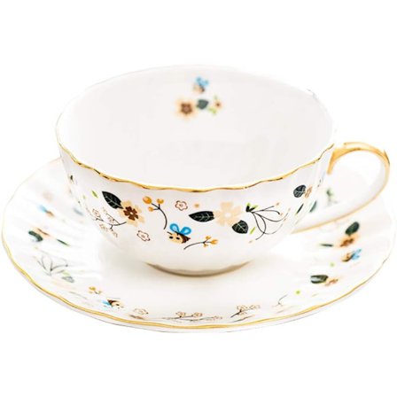 Kaffekop og tesæt, blomster og sommerfugle i benporcelæn (1 kop og 1 underkop)
