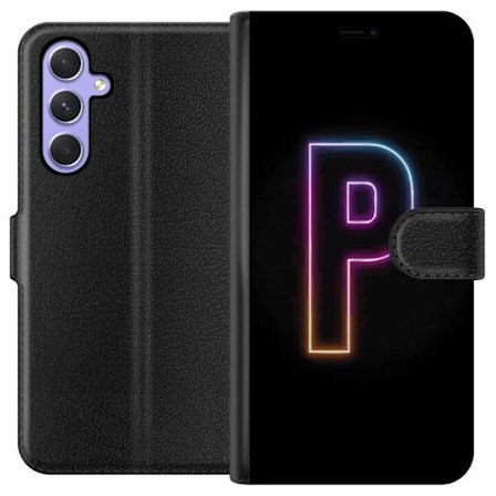 Kompatibel Tegnebogsetui til Samsung Samsung Galaxy A54 Minimalistisk neonbogstav P i farvegradient og lyseffekt mod sort baggrund i digital neonstil