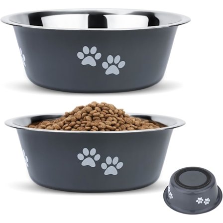 Hundeskål i rustfrit stål (Sæt med 2, 17,5 cm), Vand- og madskål til store, mellemstore og små hunde lavet af rustfrit stål, Skridsikker base