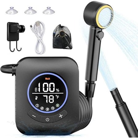Bærbar dusj for camping, 8000mAh oppladbar campedusjpumpe, vanntett utendørs dusjsett for fotturer, reise, bil, kjæledyr