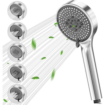 Brusehoved, Brusehoved regnbruser, Brusehoved med filter, Højtryksbrusehoved med 5 sprøjtemønstre, rund form