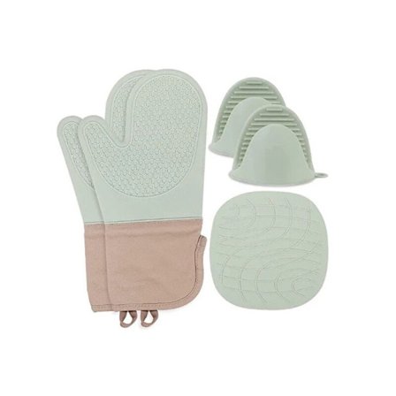 Sæt med 5 madlavningshandsker Grydelapper Silikone Varmebestandige Egnede køkkenhandsker til madlavning Bagning Grillning(Mintgrøn)