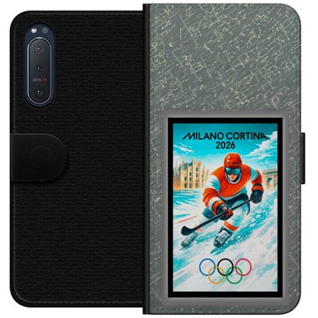Yhteensopiva Lompakkokotelo Sony Xperia 5 II Curlingkuvitus pelaajilla ja kivillä jäällä, Milano Cortina 2026, lumisia roiskeita ja olympiasormukset