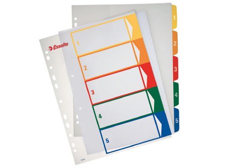 Esselte Plastregister, polypropylen, 5 delar, 1-5, A4+, olika färger - Lyreco - Kontorsmaterial - Pärmar och register - Plastregister - Instick