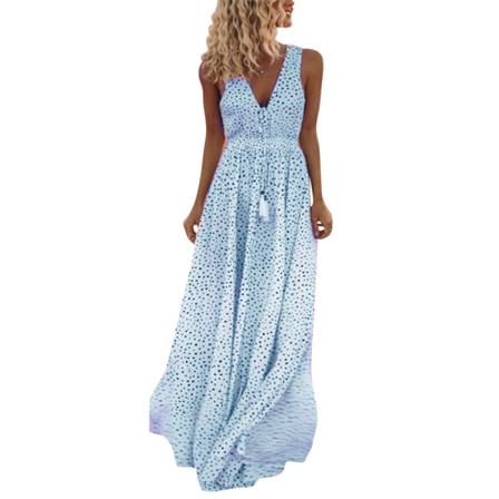Sommar V-ringad Ärmlös Polka Dot Maxiklänning Hög Midja Slim D