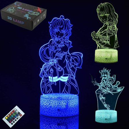 Genshin Impact -pelin hahmo 3D-illuusiolamppu Syntymäpäivä Joululahja LED-yövalot Lelut lapsille pojille tytöille Huoneen sisustus 3 kuviota ja 16 