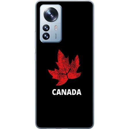 Yhteensopiva Puhelinkuori Xiaomi Xiaomi 12 Pro Graafinen vaahteralogo punaisella mustaa taustaa vasten, jossa on selkeä Kanada-viittaus ja minimalist