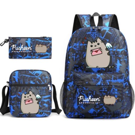 Pusheen 3-delars Set Ryggsäck Mochila Barnväskor med Kapacitet, Tecknad Casual Ryggsäck Personligt Mode Gata Trendig Utomhusryggsäck