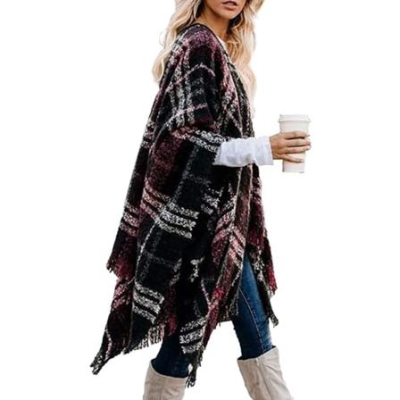 Kvinners Boho Åpen Front Poncho Cape Oversize Strikket Rutete Sjal Wrap Cardi