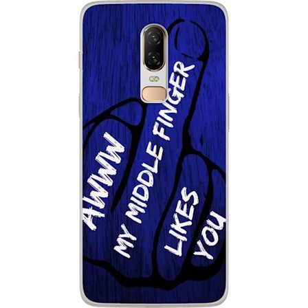 Kompatibel Mobilcover til OnePlus 6 Mørk typografisk illustration med hjerteform og budskab om venskab mod dybblå trætekstur