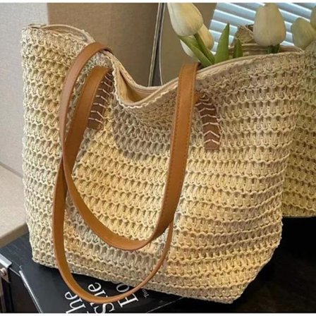 Alsidig vævet taske dame trendy stor kapacitet pendler taske stråtaske tote bag råhvid