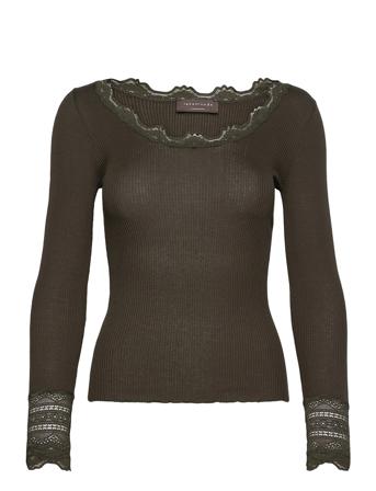 Silk T-Shirt Regular Ls W/Wide Lace Langærmet T-shirt Grøn Rosemunde