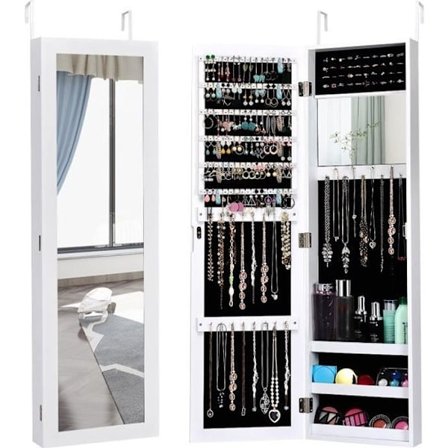 COSTWAY Seinään kiinnitettävä korukaappi Ovessa riippuva korukaappi Valkoinen 31,5 x 8,5 x 110 cm korkeussäädettävä