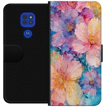 Yhteensopiva Lompakkokotelo Motorola Motorola Moto G9 Play Vesivärimaalaus suurilla kukilla vaaleanpunaisissa, sinisissä ja keltaisissa sävyissä p