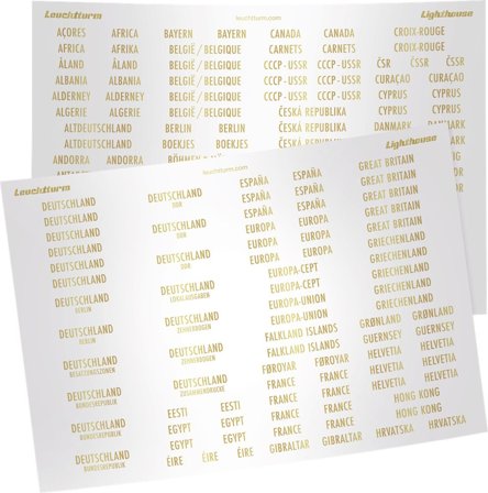 Selvklæbende landeetiketter med guldskrift - 6 sider