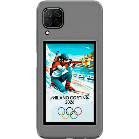 Kompatibelt Mobildeksel til Huawei P40 lite Retroplakat Cortina Milano 2026 med fjell, vintersportsutøvere, italienske trikolor, Milano-katedralen og