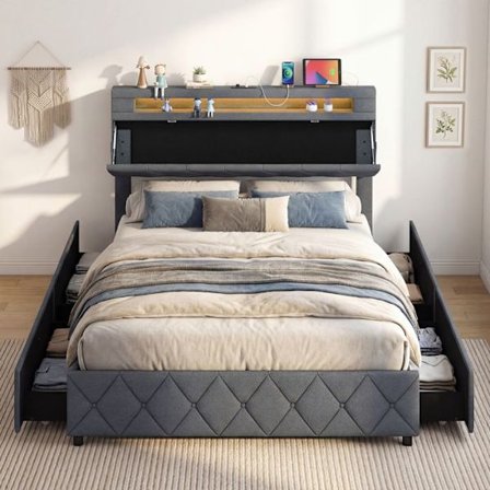 COSTWAY 140 x 200cm Sänky LED-valoilla, USB-portit, Aikuisten 2 Hengen Sänky Säädettävällä Päänojalla, Laatikoilla, Puupalkeilla varustettu Patja