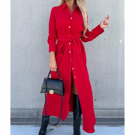 Våren Slim Lace-up Långärmad Klänning Dam Casual Turn Down Co