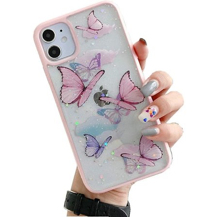 iPhone 11 Butterfly Cover, Shinymore Sød Smuk Butterfly Glitter Stødsikker Blød Silikon Klar Pige Kvinder Cover Case til iPhone 11 Pink