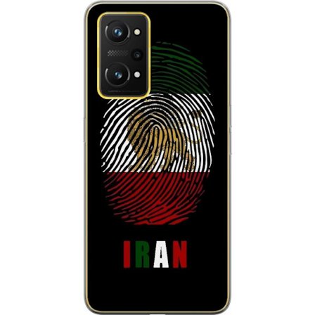 Yhteensopiva Puhelinkuori Realme GT Neo 3T Sormenjälkien muoto kuten Iranin lippu, jossa leijonamotivit mustalla dramaattisella taustalla