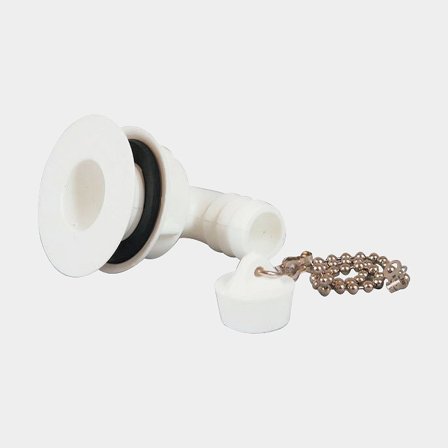 Conexión de desagüe / filtro de fondo Barka PIEL20, en ángulo de 90°, manguera de 19 mm (3/4"), plástico, blanco