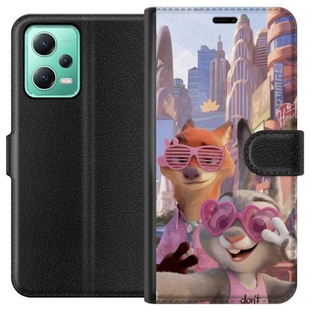 Kompatibel Tegnebogsetui til Xiaomi Xiaomi Redmi Note 12 Animalske figurer i solrig bymiljø med rosa solbriller og en positiv besked i en farverig fe