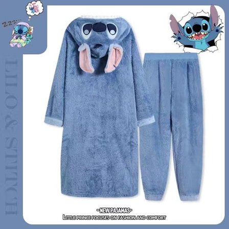 Blå Stitch efterår og vinter koralfløjl natkjole, fortykket fløjl morgenkåbe, monster universitet hjemmetøj, vinter Blå Stitch