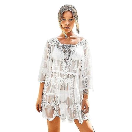 Broderi Bikini Cover Up Suncreen Hollow Out Chiffong Lace Beachwear Klänning
