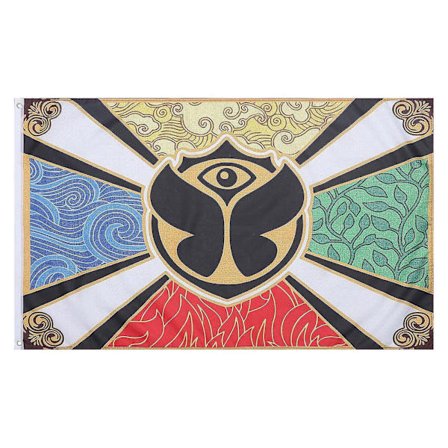 Tomorrowland-lippu, monivärinen, 60x90cm/90x150cm, 100d polyesteriä sisä- ja ulkokäyttöön, ruostumaton kuparirengas (FMY)