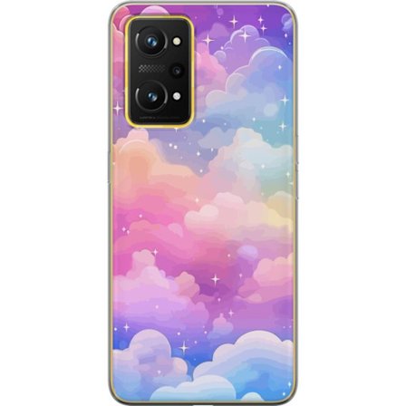 Kompatibelt Mobildeksel til Realme GT Neo 3T Søt enhjørning med regnbuefarget hår mot en stjernebelagt pastellbakgrunn i kawaii-stil