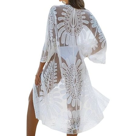 Badedrakt Cover Up for kvinner, 3/4-ermet Mesh Badedrakt Cover Up Lang Blomstrete Strand Blonde Kimono Sommerjakke