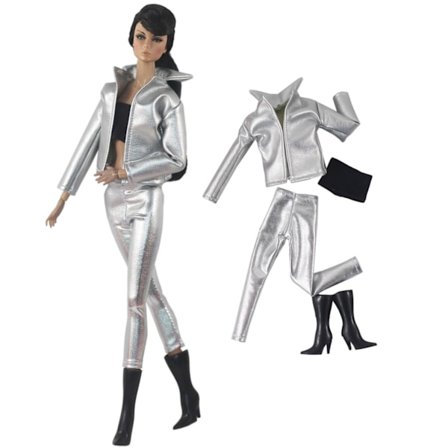 Nahkahousut + saappaat 4 kpl - hopea, nukkevaatteet - juhla-asu