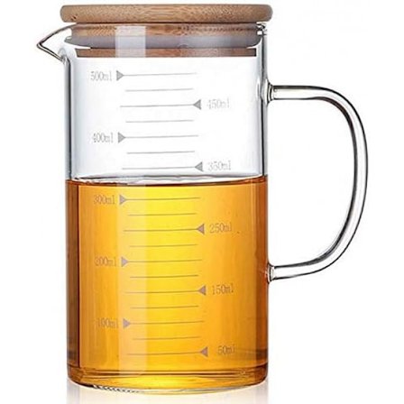 Lasinen mittakulho kahvalla ja kannella, lasinen mitta-astia kädensijalla, lasinen mitta-astia helppoon näkyvyyteen, leivontaan, ruoanlaittoon, 